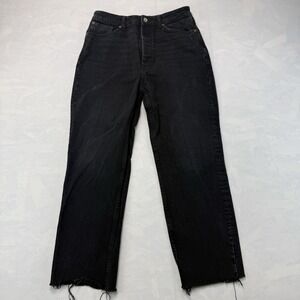 Zara Wide Leg Jeans Womens 6 Black Button Fly Cropped Whiskered Straight Raw Hem